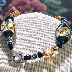 Black & Gold Glass Bead Toggle Bracelet